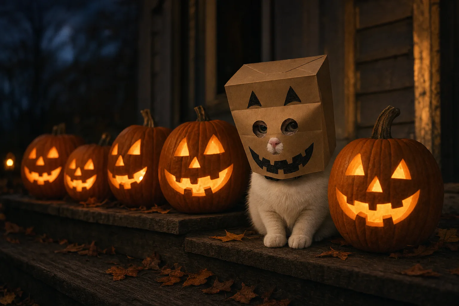 Closing time: five glowing jack-o'-lanterns on old wooden steps, and between them the white cat with the paper-bag pumpkin face