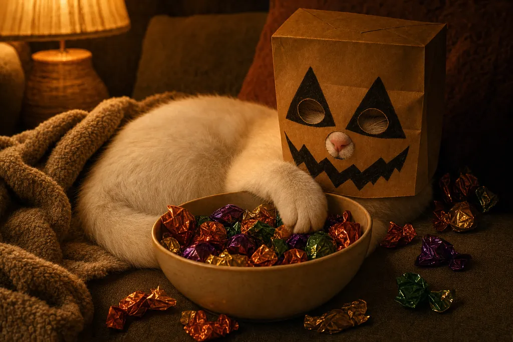 The white cat lies on a cosy sofa under a lamp, still wearing the paper bag with the pumpkin face. One paw rests in a bowl full of shiny wrapped candy, with more candy on the cushion.