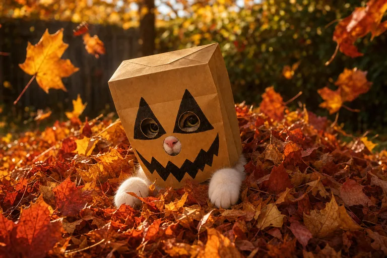 The cat in the pumpkin-face paper bag peeks out of a big pile of red and orange autumn leaves. Only the bag and two white paws show. More leaves fall around him.