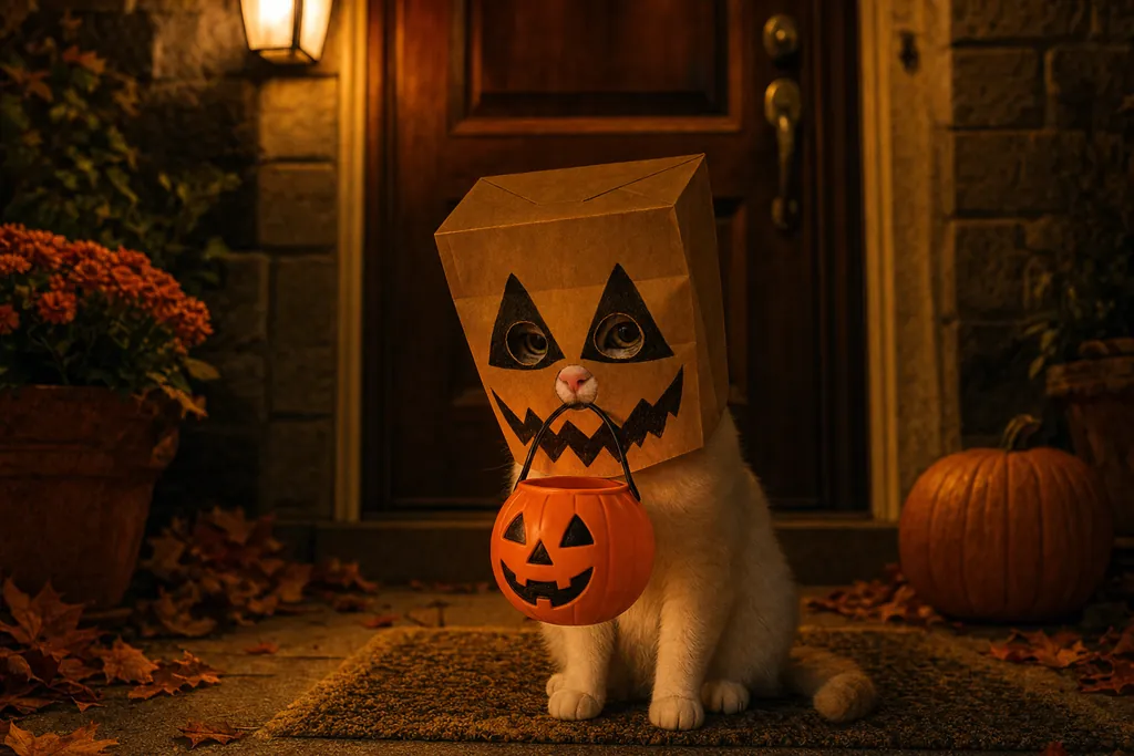 A white cat sits on a doormat at a front door at night. A brown paper bag is on its head with a pumpkin face drawn on in black marker. It holds an orange pumpkin candy bucket in its mouth. A porch lamp glows and a real pumpkin sits by the door.