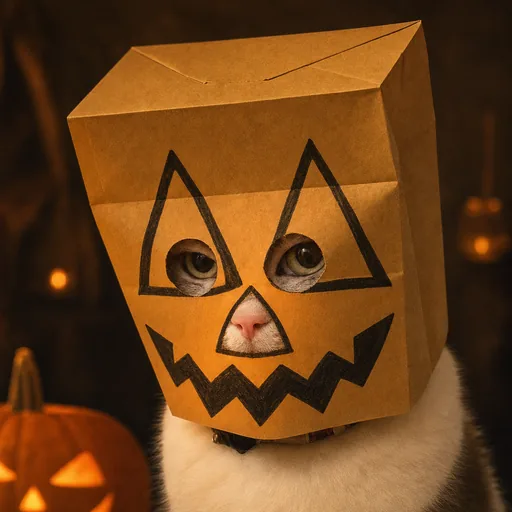 Bag O' Lantern up close: a white cat with a brown paper bag on its head, a jack-o'-lantern face drawn on the bag, a small pumpkin glowing beside him