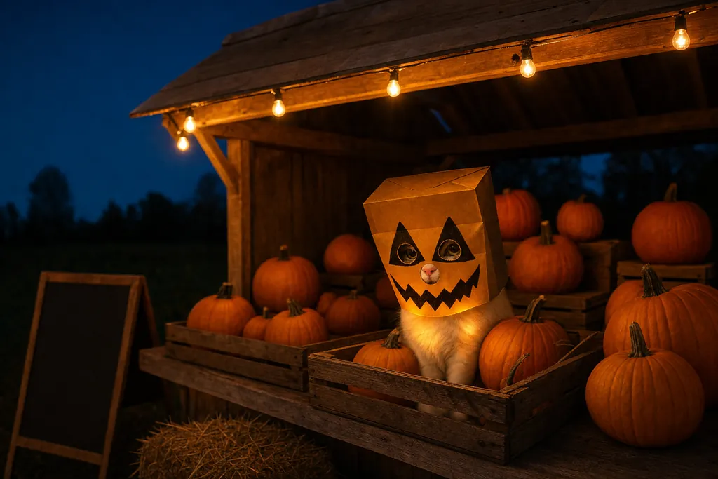 A farm stand at night under a string of warm bulbs, with wooden crates full of real pumpkins, a chalk sign and a bale of hay. In the middle crate sits a white cat with a brown paper bag on its head. A pumpkin face is drawn on the bag in black marker, and it glows from inside.